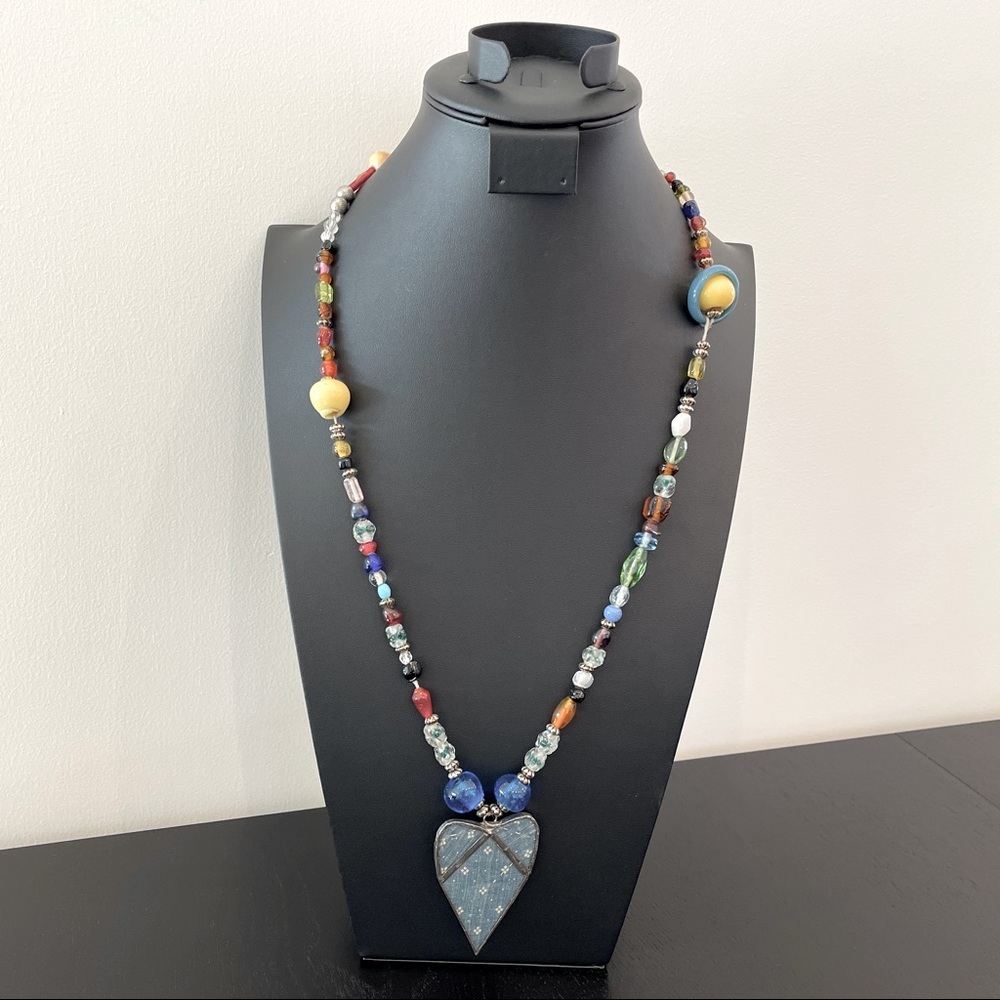 Eclectic Handmade Beaded Necklace Oversized Double Sided Heart Pendant